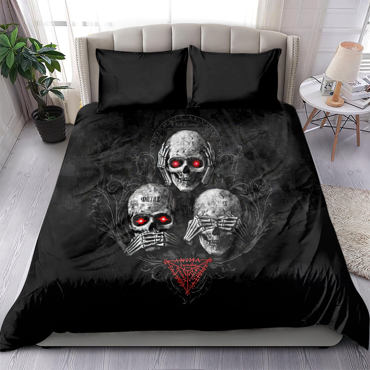 Black skull bedding set with two matching pillows, red glowing eyes and graphic heart