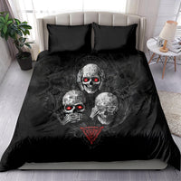 Black skull bedding set with two matching pillows, red glowing eyes and graphic heart