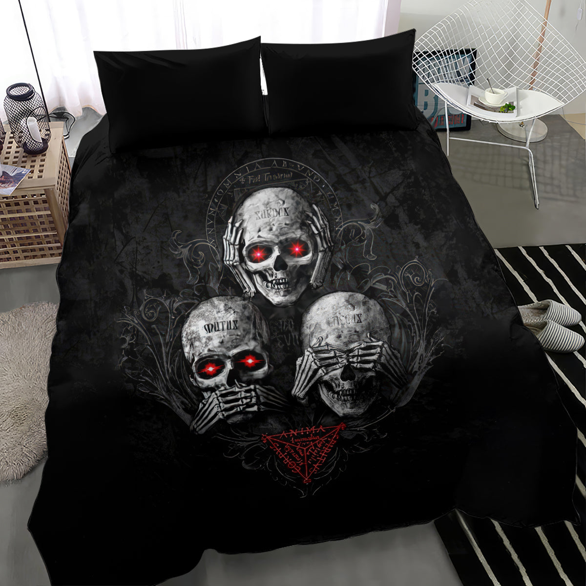 Black skull bedding set with two pillows, red glowing eyes and three skull illustration