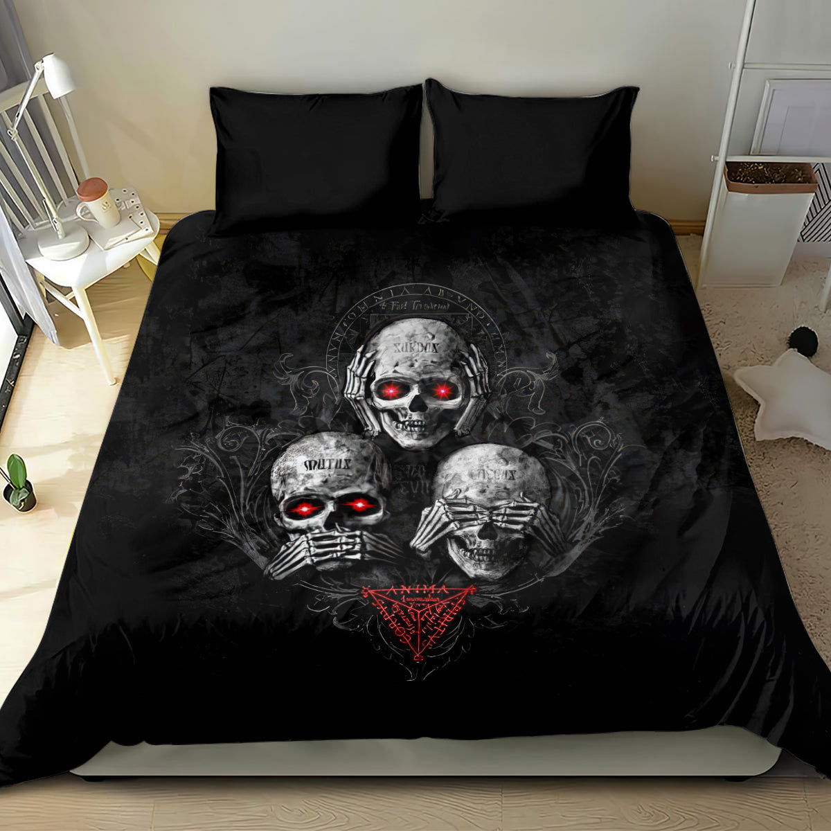 Black skull bedding set with two pillows, red glowing eyes and central skull artwork