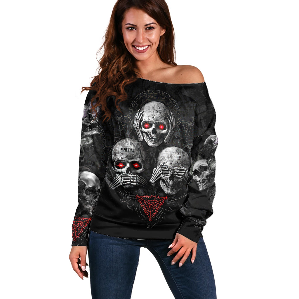 Skull Off Shoulder Sweater No See No Hear No Speak Evil - Wonder Print Shop