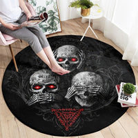 Black round skull carpet with three skulls, red glowing eyes and red pentagram