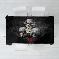 Black skull graphic tablecloth with red-eyed skull design, rectangular table cover.