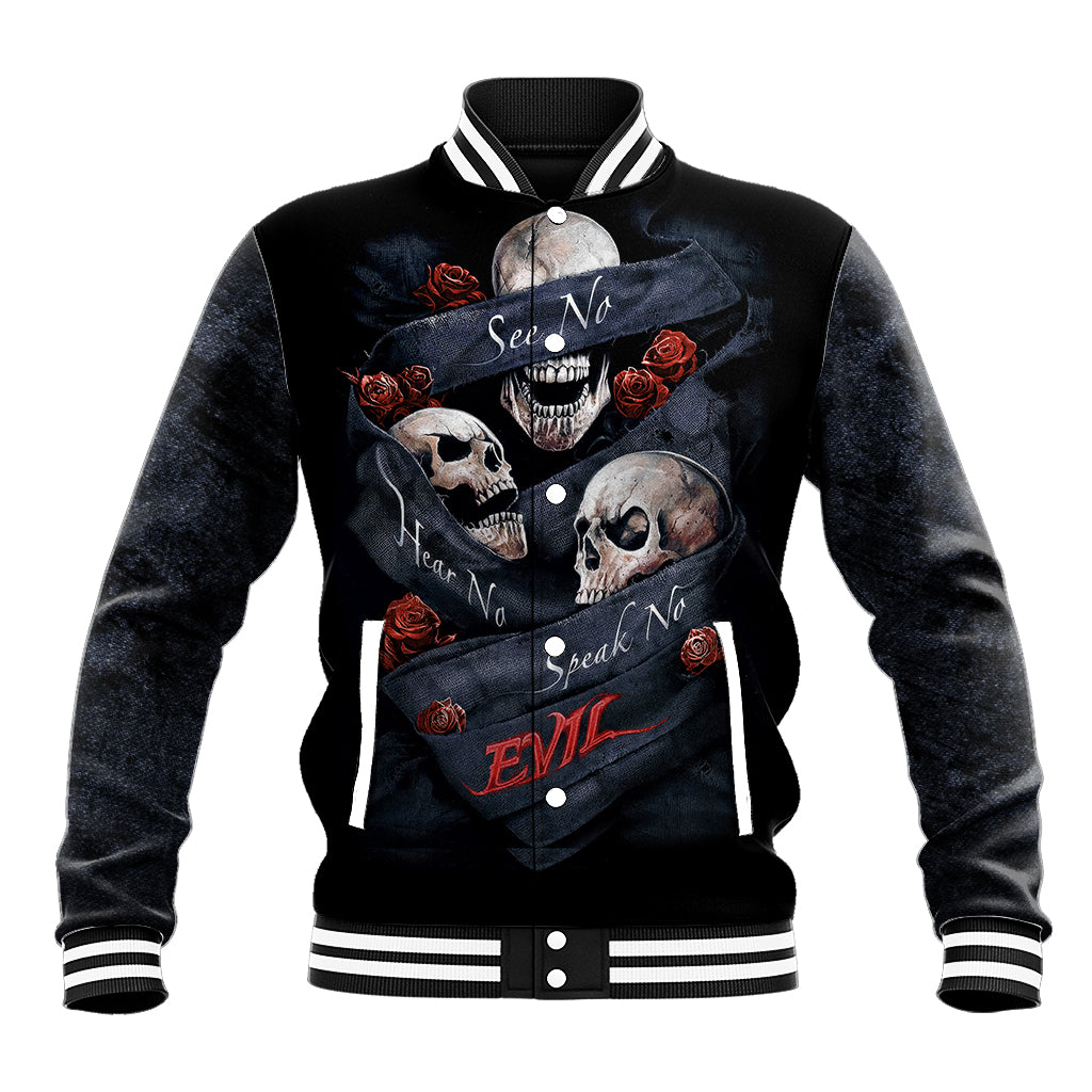 Skull Baseball Jacket No See Evil Red Rose Jean - Wonder Print Shop