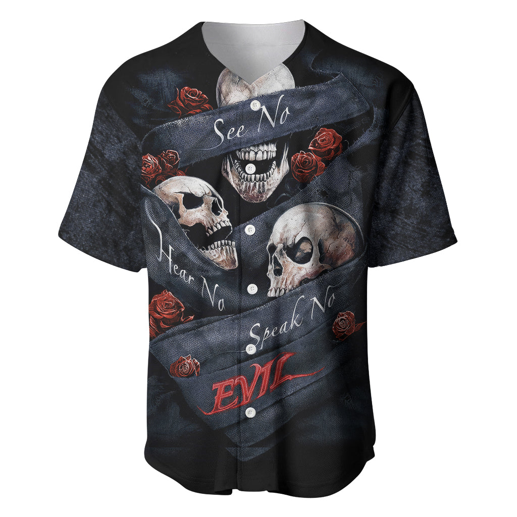 Skull Baseball Jersey No See Evil Red Rose Jean - Wonder Print Shop