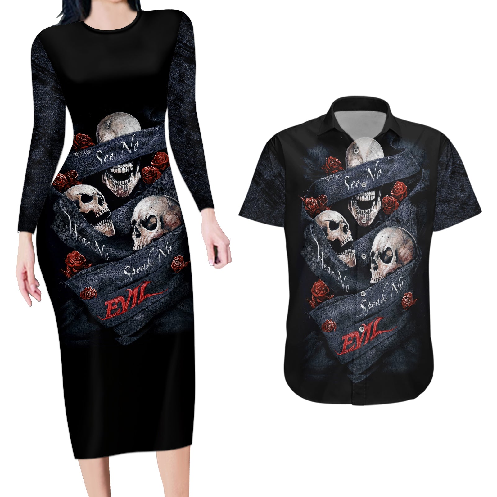 Skull Couples Matching Long Sleeve Bodycon Dress and Hawaiian Shirt No See Evil Red Rose Jean - Wonder Print Shop