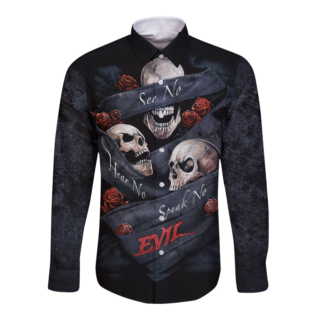 Skull Long Sleeve Button Shirt No See Evil Red Rose Jean - Wonder Print Shop