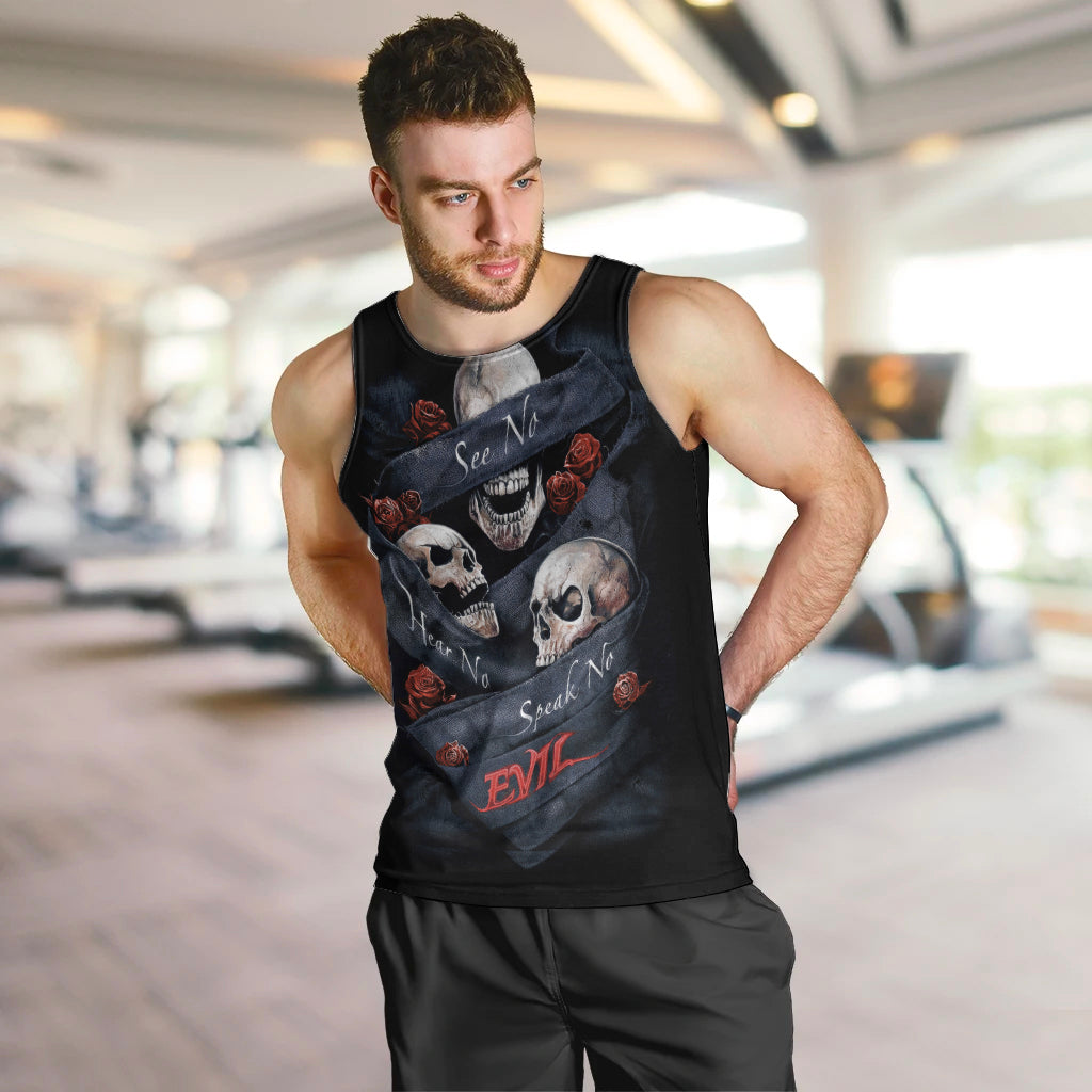 Skull Men Tank Top No See Evil Red Rose Jean DT01