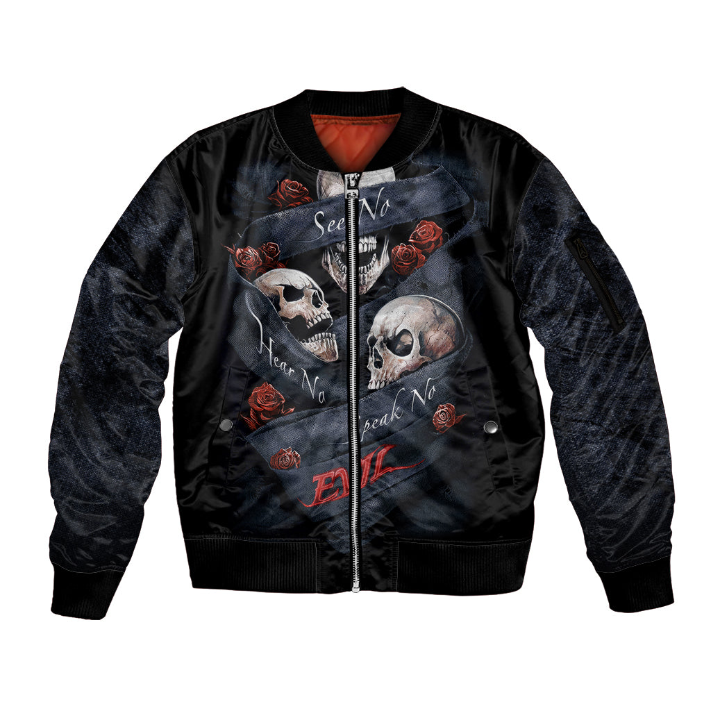 Skull Sleeve Zip Bomber Jacket No See Evil Red Rose Jean DT01