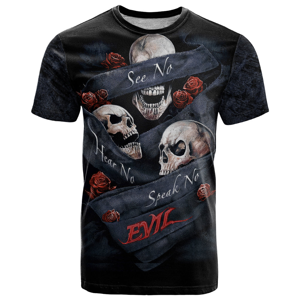 Skull T Shirt No See Evil Red Rose Jean DT01