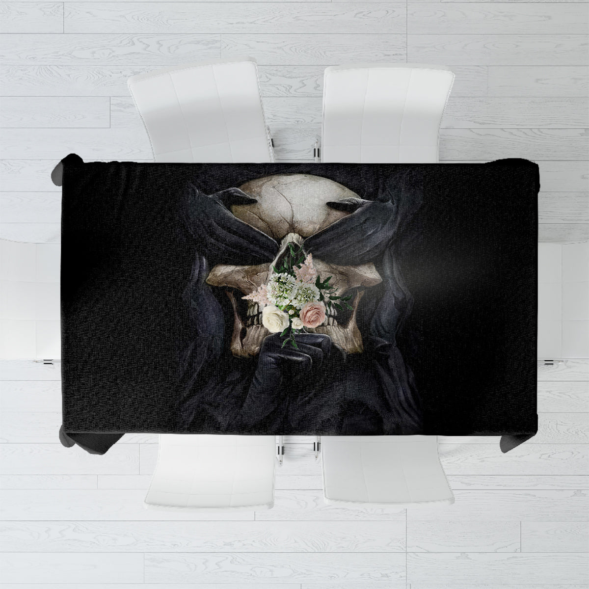 Black rectangular tablecloth with skull graphic, floral roses, and decorative hands