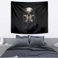 Black skull tapestry with winged blindfold and skull grinning, hanging wall cloth
