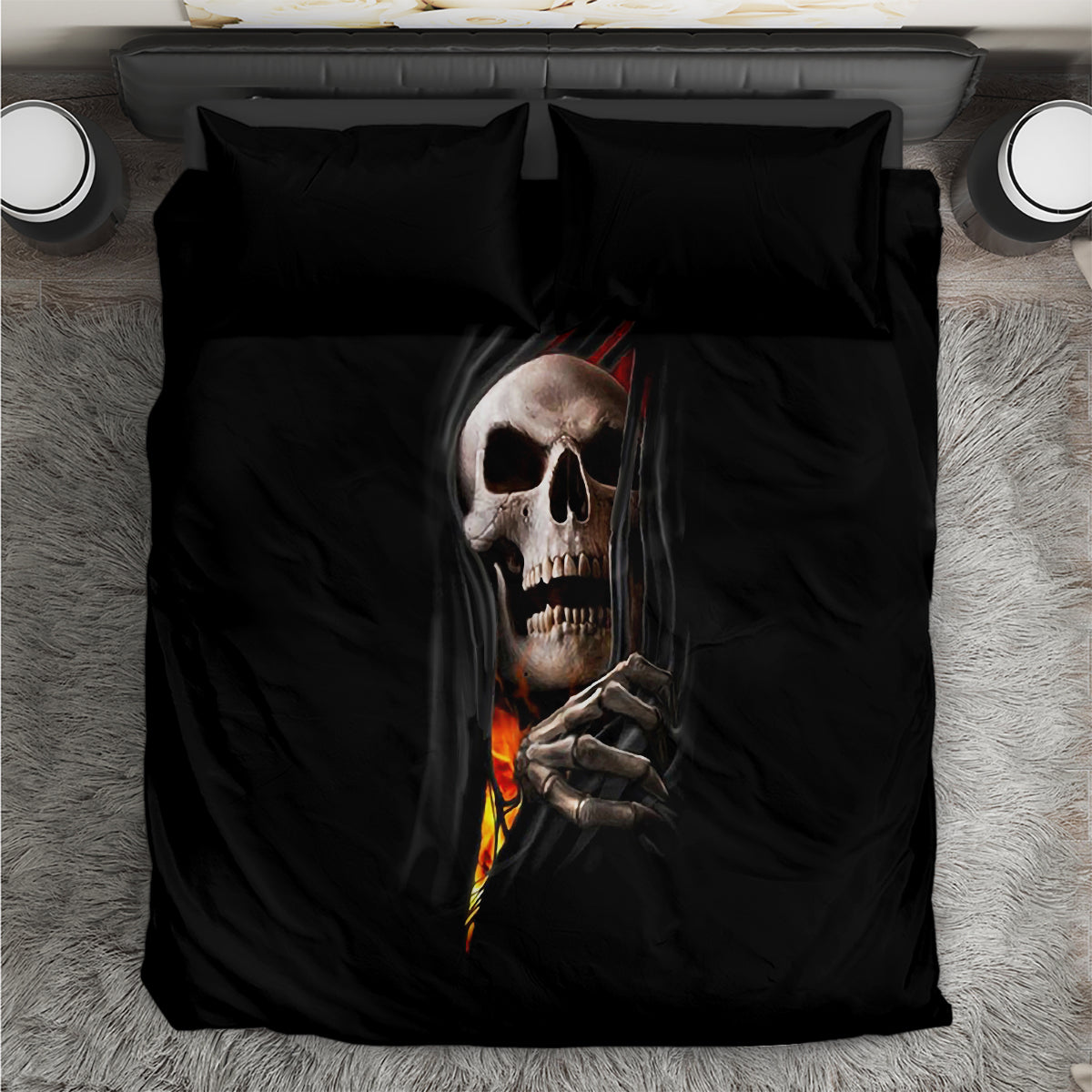 Black bedding set with skull graphic and flame tear design on duvet and pillowcases