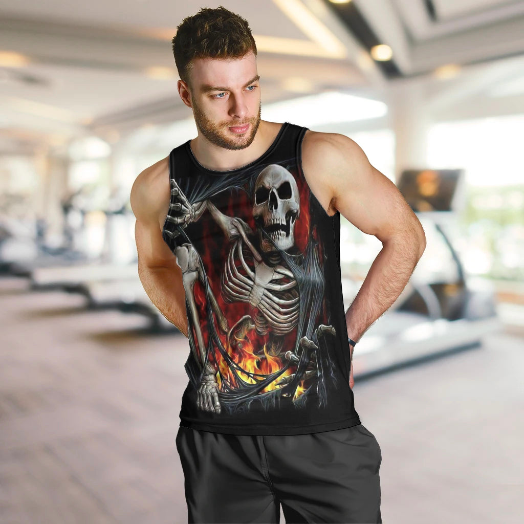 Skull Men Tank Top Skeleton Ripped Inside Flame DT01