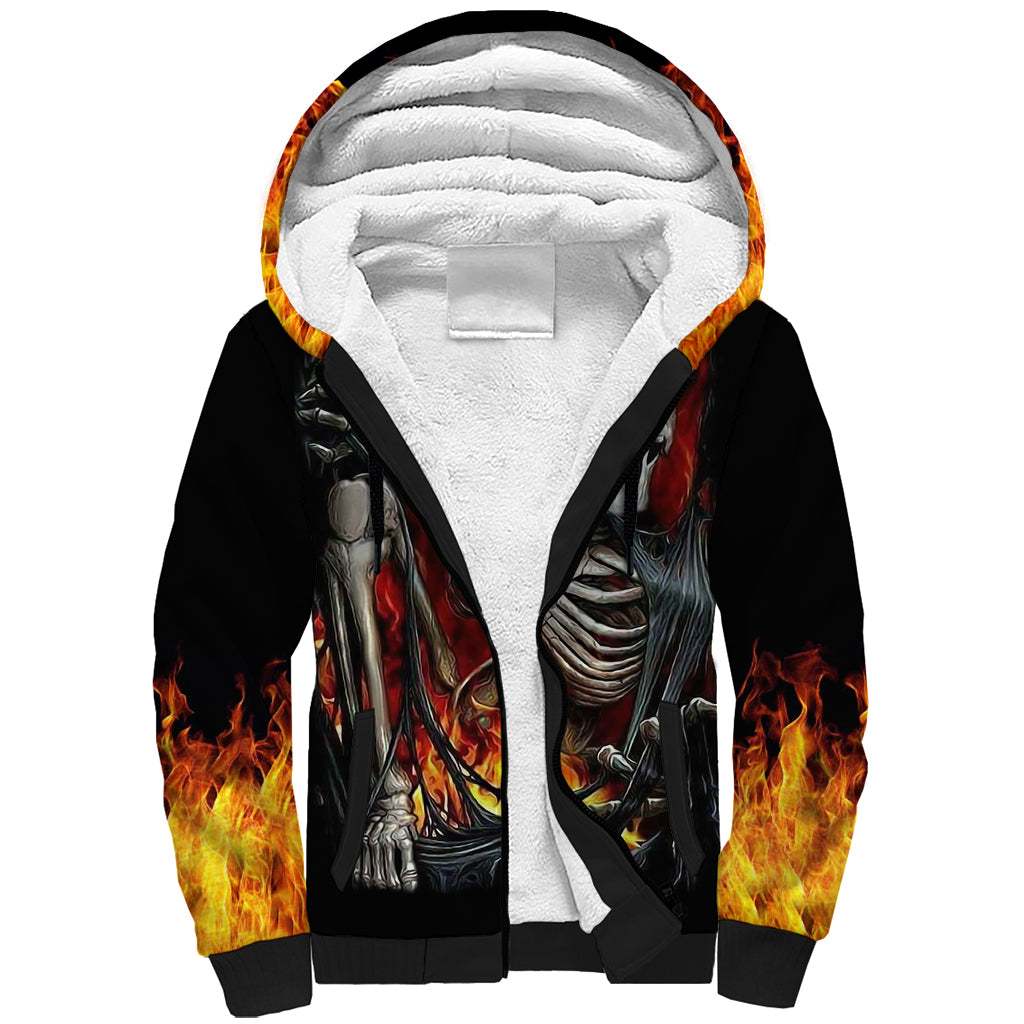 Skull Sherpa Hoodie Skeleton Ripped Inside Flame DT01