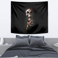 Black skull-and-skeleton wall tapestry with flame streaks