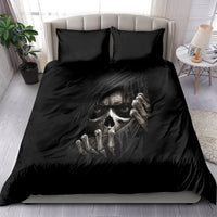 Black duvet and pillowcases featuring skull face and raised hands graphic