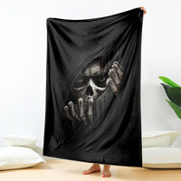 Black skull and skeleton graphic blanket, draped upright with full artwork visible
