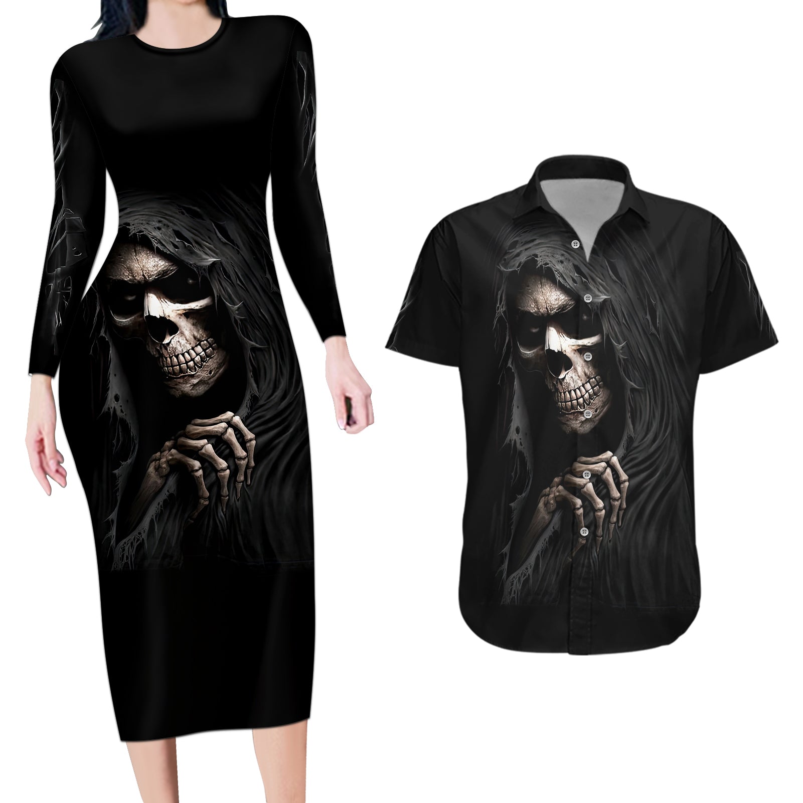 Skull Couples Matching Long Sleeve Bodycon Dress and Hawaiian Shirt Evil Skeleton Look Inside - Wonder Print Shop