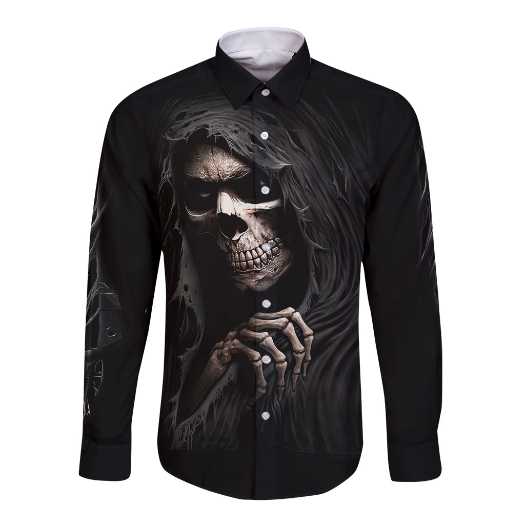 Skull Long Sleeve Button Shirt Evil Skeleton Look Inside - Wonder Print Shop