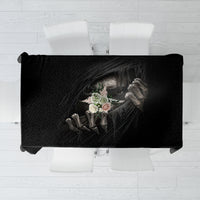 Black skull themed tablecloth with skeleton figure and hands, rectangular drape