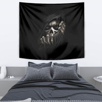 Black skull wall tapestry with grayscale skeleton skull face and raised hand