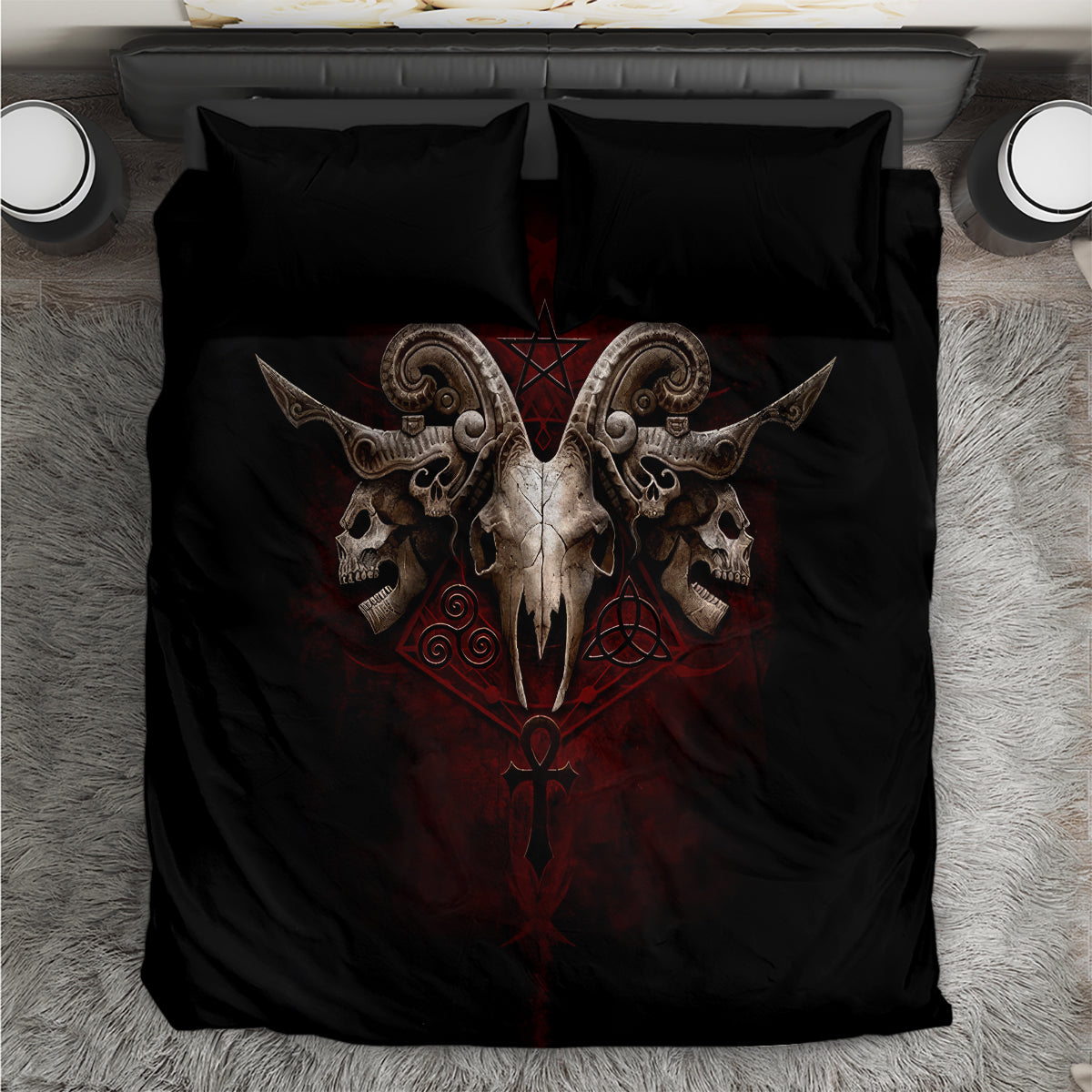 Black skull pentagram bedding set with 2 pillowcases and matching duvet cover