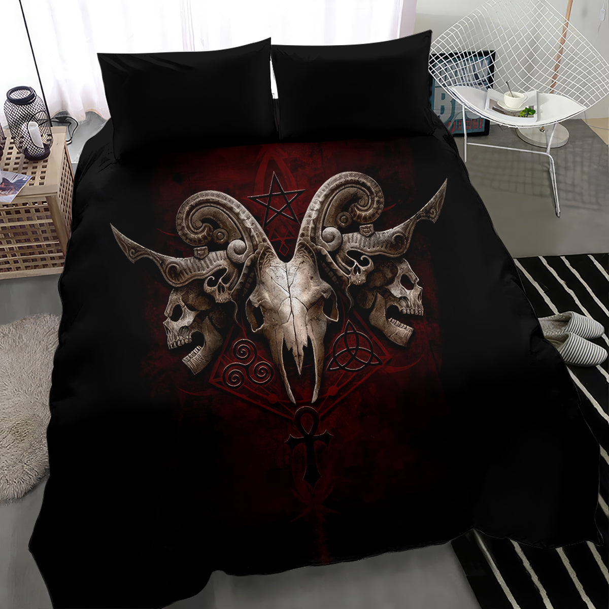 Black skull pentagram bedding set with two pillowcases, centered duvet design