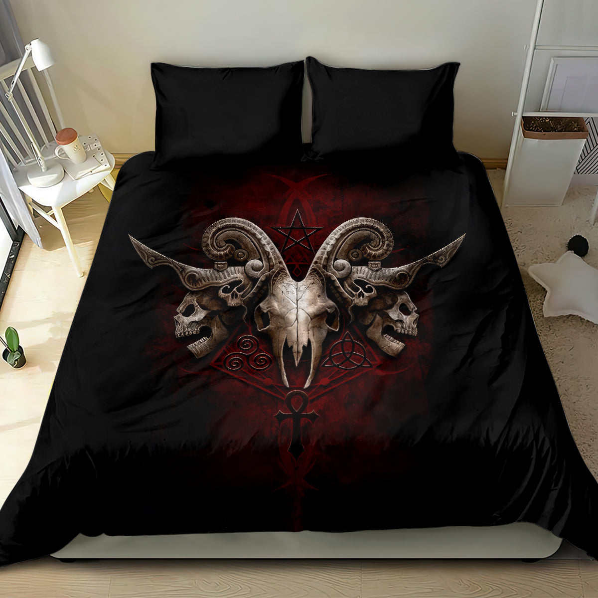 Black skull pentagram duvet set with two pillowcases, bold red graphic center
