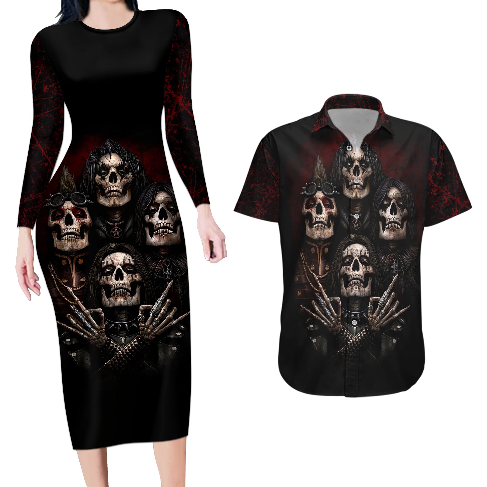 Skull Couples Matching Long Sleeve Bodycon Dress and Hawaiian Shirt Boy Band Queen - Wonder Print Shop