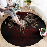 Round black carpet with central skull graphic, red pentagram, and four winged skull motifs