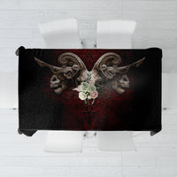 Black skull tablecloth with two winged skulls and red heart center design