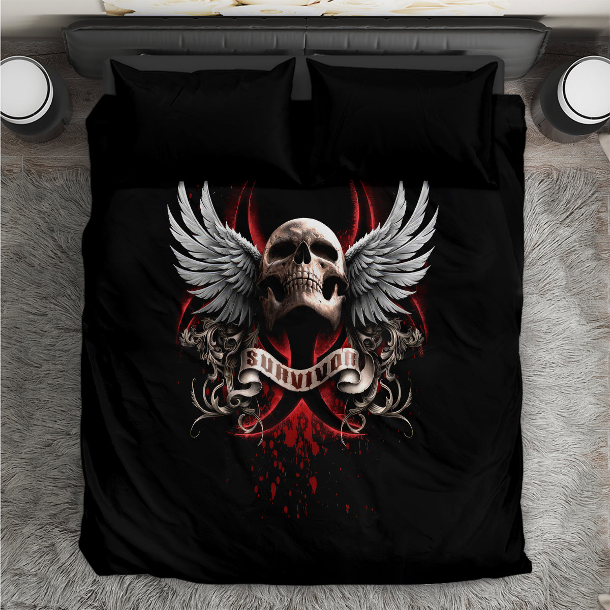Black bedding set with winged skull and red “Survivor” graphic on duvet and pillowcases