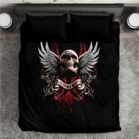 Black bedding set with winged skull and red “Survivor” graphic on duvet and pillowcases