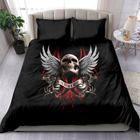 Black duvet cover bedding set with winged skull and red “Survivor” print, two matching pillows