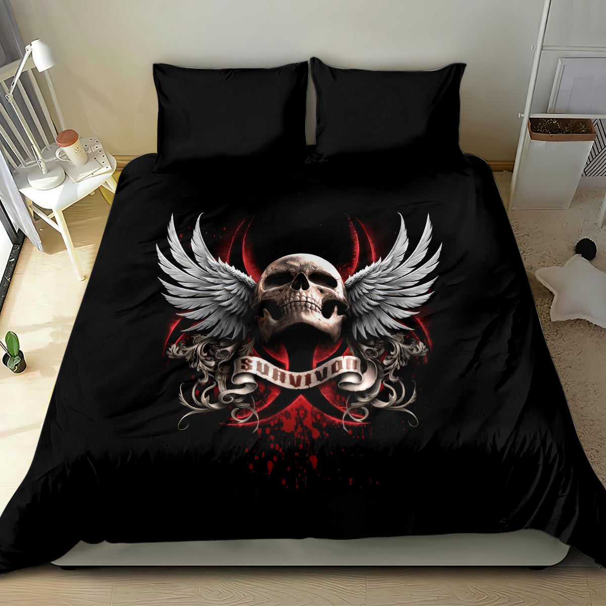 Black duvet and pillowcases with central winged skull and red “Survivor” banner graphic