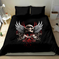 Black duvet and pillowcases with central winged skull and red “Survivor” banner graphic