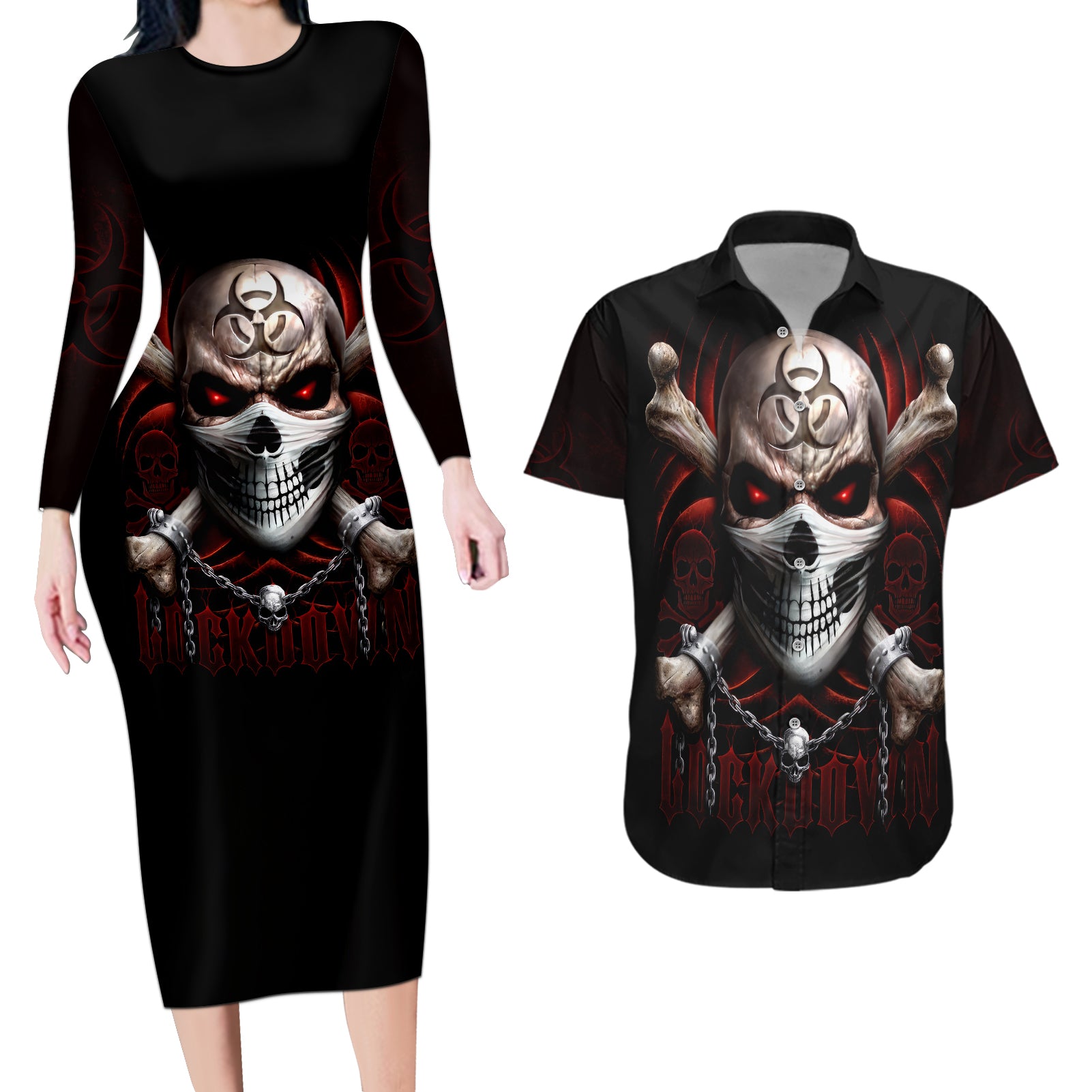 Skull Couples Matching Long Sleeve Bodycon Dress and Hawaiian Shirt Blood Skull Survivor - Wonder Print Shop