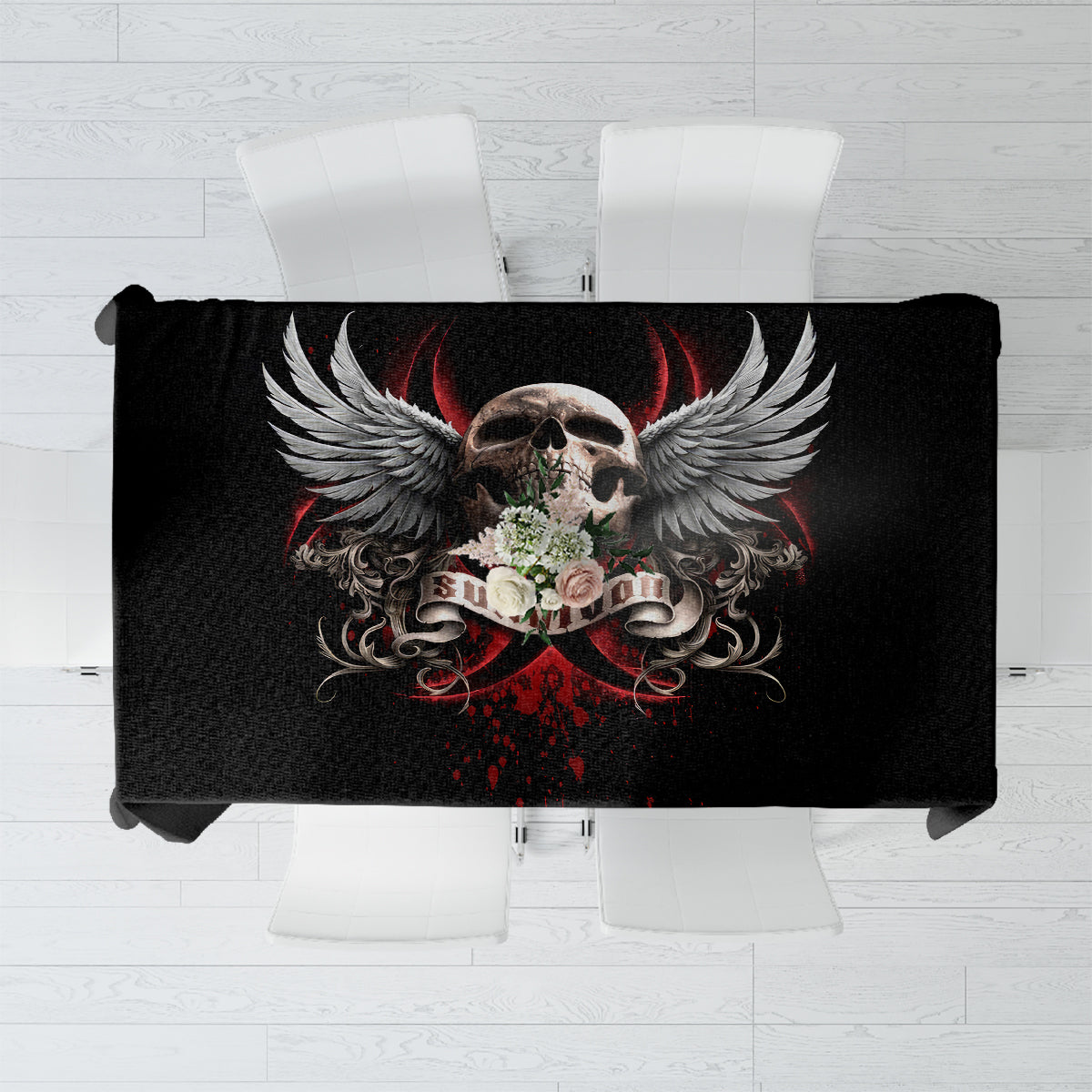 Black skull-themed tablecloth with white wings and red blood splatter design