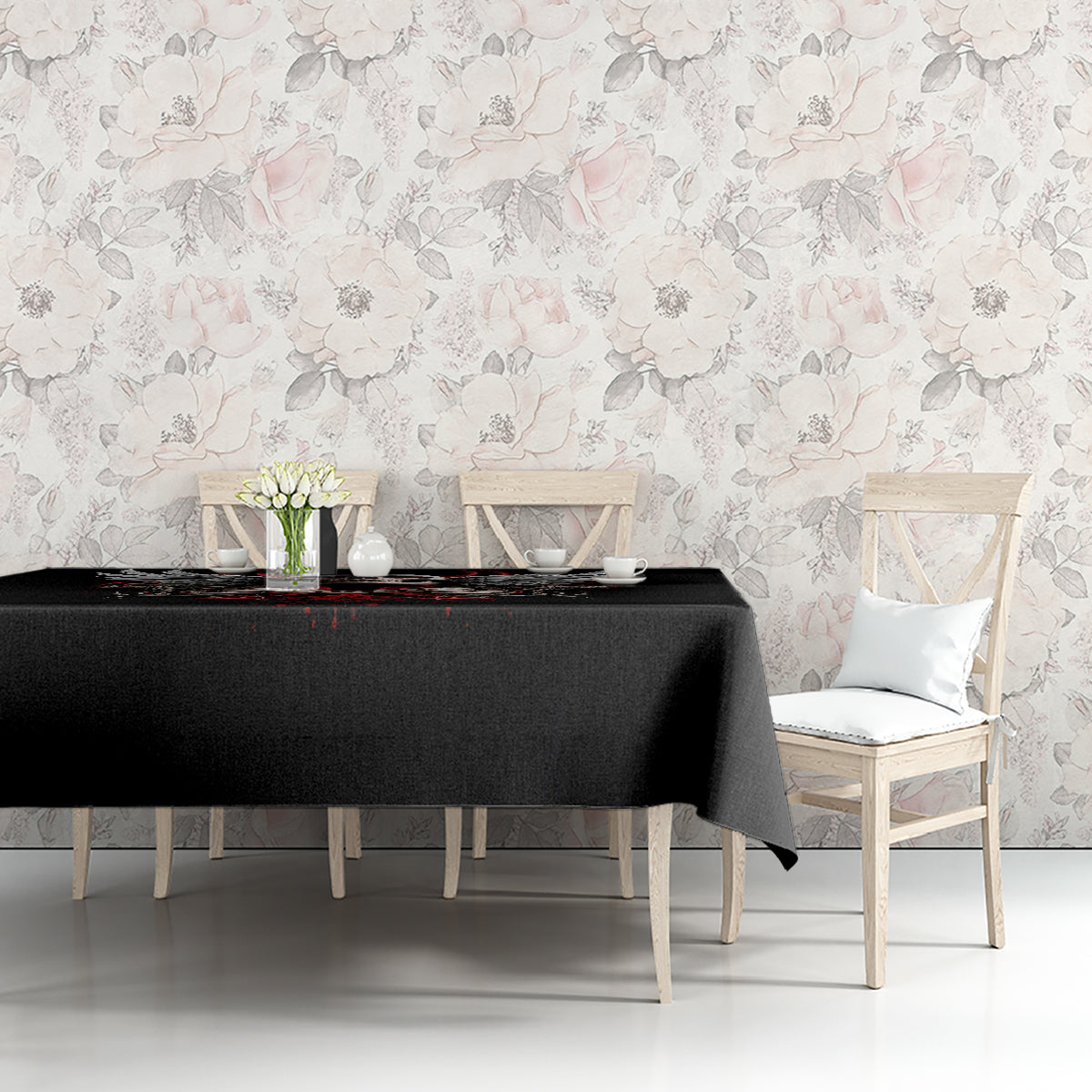 Black skull tablecloth with red splatter and winged skull design panel