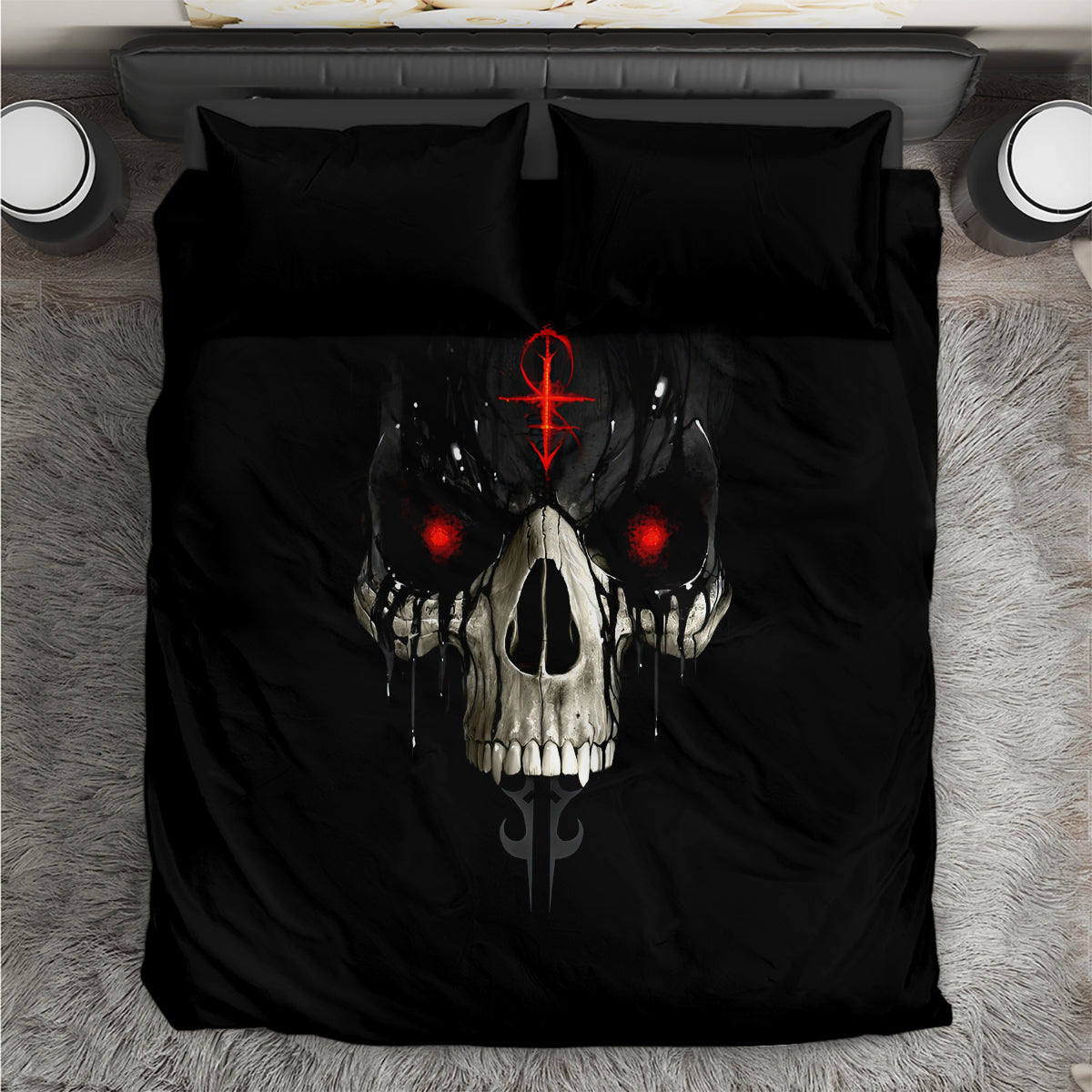 Black bedding set with skull graphic, red glowing eyes, and dagger center design