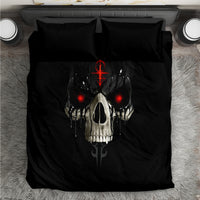 Black bedding set with skull graphic, red glowing eyes, and dagger center design