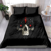 Black bedding set with two pillows and skull graphic, red eyes, dagger motif