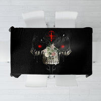Black skull tablecloth with red cross and skull graphic, rectangular table cover