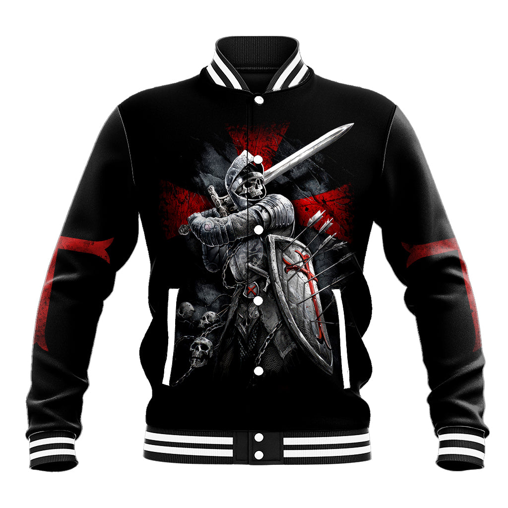 Black baseball jacket with snap buttons, ribbed collar, and front skull warrior graphic