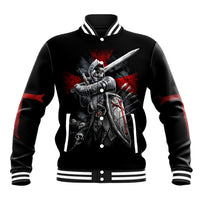 Black baseball jacket with snap buttons, ribbed collar, and front skull warrior graphic