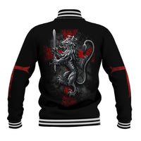 Black baseball jacket with striped ribbed cuffs and large back warrior graphic