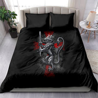 Black gothic duvet cover set featuring a skull knight with sword and red detailing, two pillowcases