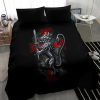 Black duvet cover set with large skull guardian print in gray and red, plus two matching pillowcases