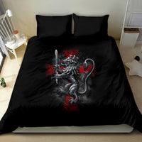 Black skull bedding set with gray knight graphic, red accents, and two pillowcases